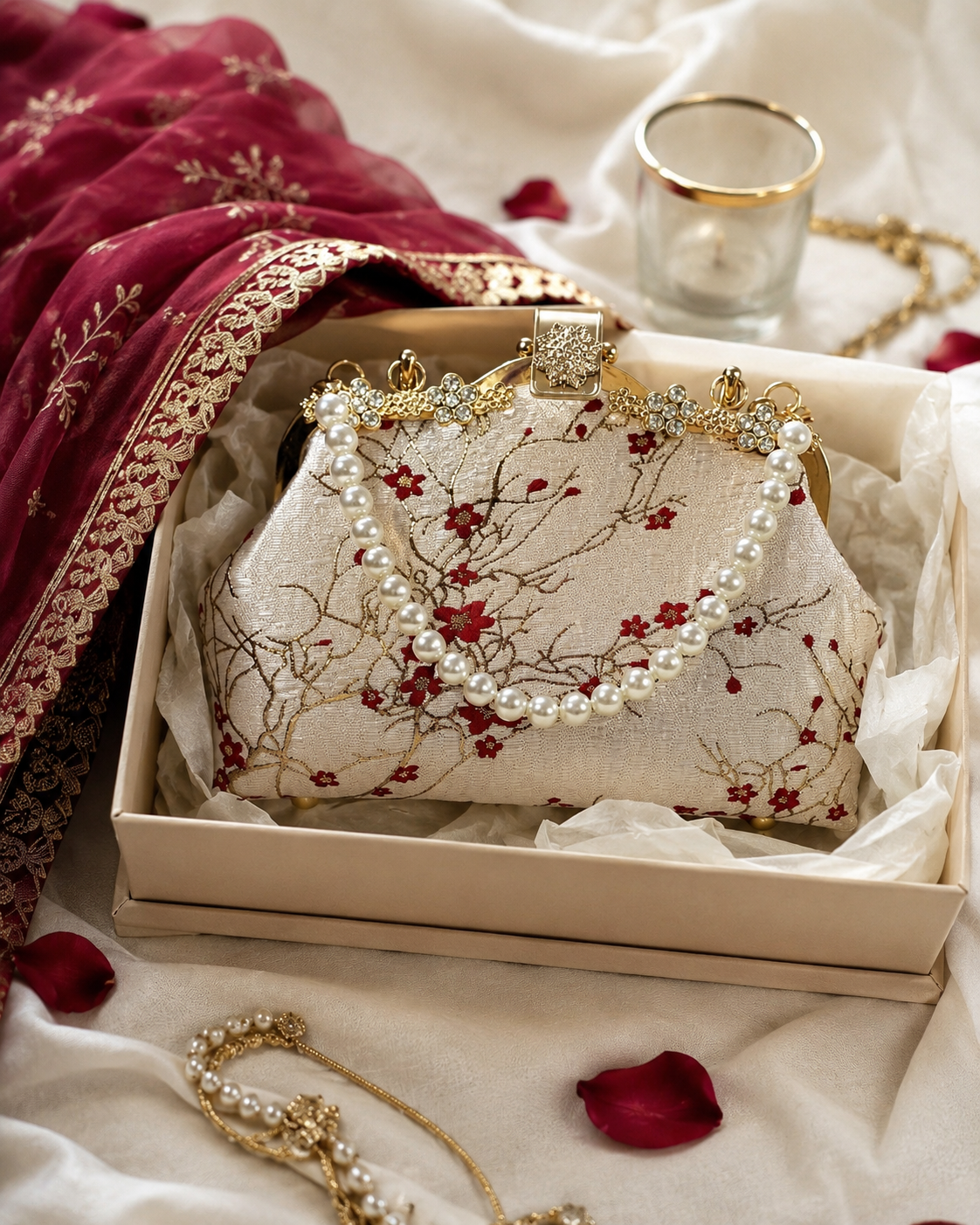Red Flower Pearl Handbag