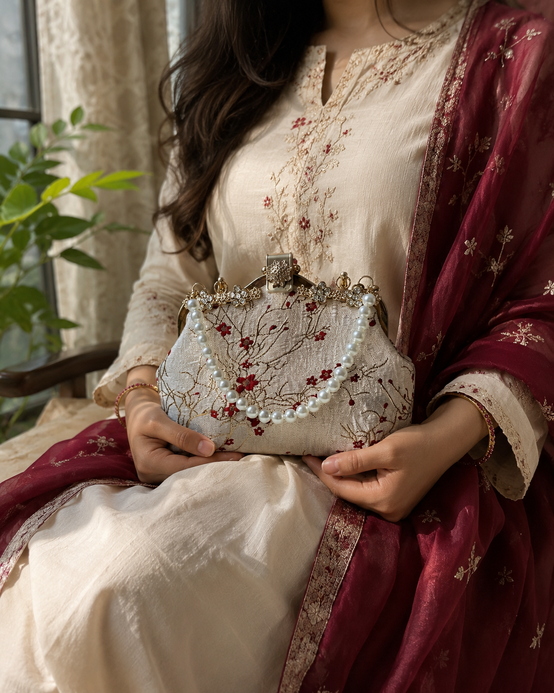 Red Flower Pearl Handbag